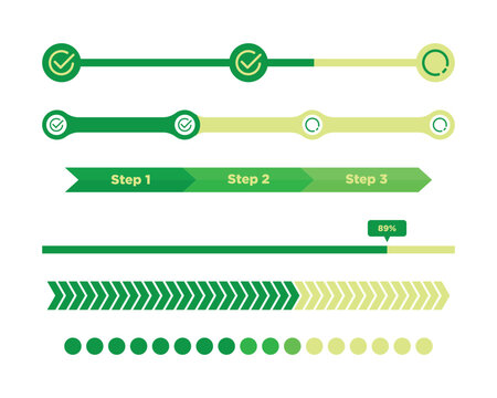 Collection of modern green progress bars, timeline steppers, and loading indicators including checkmarks, chevrons, and dots for web and app user interfaces