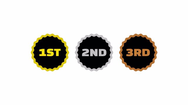 Ranking badge animation with first second third labels. Competition result display on white background, 1st 2nd 3rd.