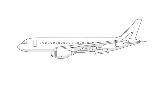 A precise side profile illustration of a commercial passenger airplane with visible cabin windows and engine nacelles is centered against a stark white background.