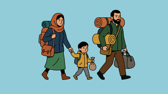 Family walking with travel luggage together.