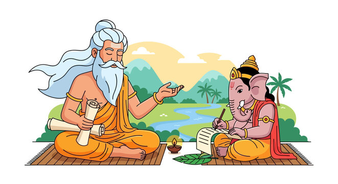 Sage Vyasa Dictating the Mahabharata Epic to Lord Ganesha Illustration.