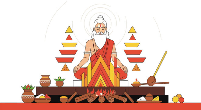 Illustration of a Hindu Sage Performing a Sacred Havan Fire Ritual with Offerings.