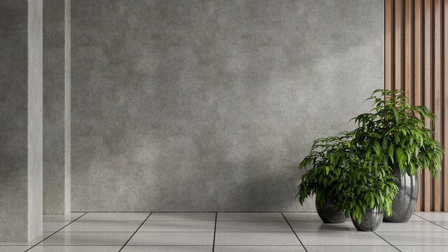 Modern concrete wall with plant pot minimalist interior room- 3D rendering