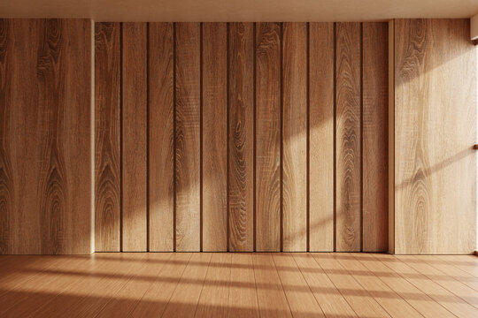 Cozy wooden interior room with vertical wood panels and warm sunlight casting shadows on the floor- 3D rendering