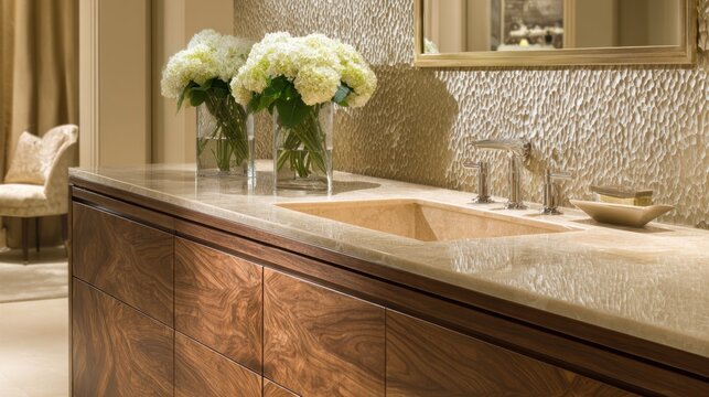 Elegant bathroom interior with wooden vanity and flower arrangement