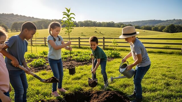 Joyful group of diverse children actively participating in a tree-planting initiative, fostering environmental stewardship and teamwork in a vibrant outdoor setting