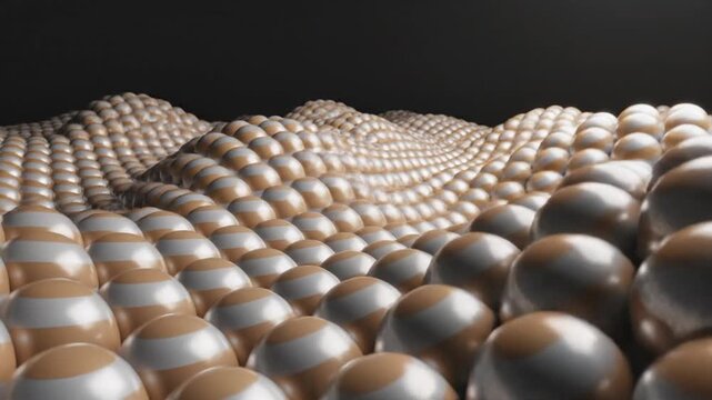 Abstract 3D render of a repeating pattern featuring light-colored striped hemispheres with beige and white horizontal bands arranged in a wavy undulating grid against a dark background.