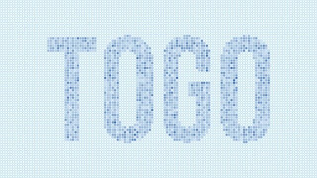 Togo dotted map animation. Digital style shape of the country. Togo shape and title dots appear with bulb flickering effect. Intro, outro, logo, title video.