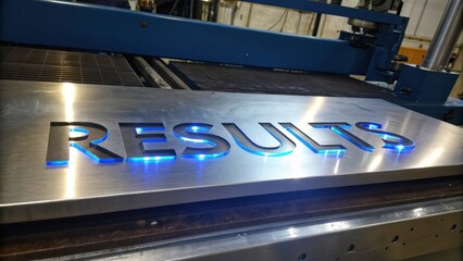 Obraz premium Illuminated results sign in a modern workshop highlighting manufacturing excellence and precision technology