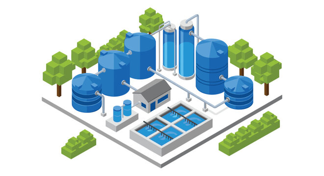 A detailed isometric view presents a water treatment facility with multiple blue storage tanks and open filtration pools nestled among stylized green trees.