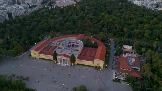 Aerial View of the Zappeion Megaron in the National Gardens of Athens at Dusk. Greece.