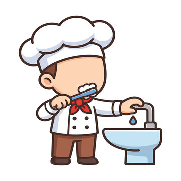 Chef brushing teeth near sink flat vector illustration