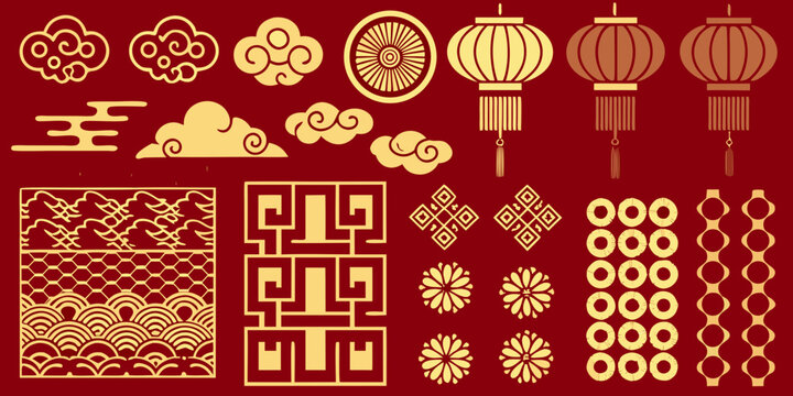 Golden chinese new year decorations and traditional ornamental patterns