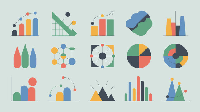 Colorful abstract data visualization elements including charts graphs and diagrams