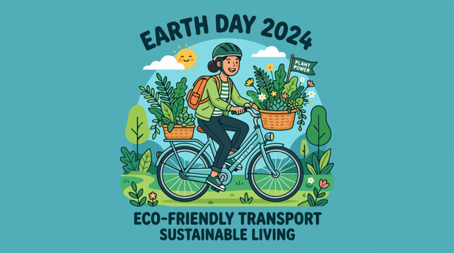 Woman Riding Bicycle with Plant Baskets.