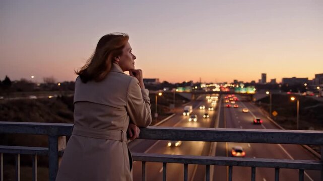 A woman stands on a bridge overlooking a busy highway at sunset, lost in thought.