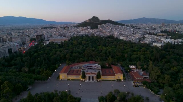 Aerial View of the Zappeion Megaron in the National Gardens of Athens at Dusk. Greece.