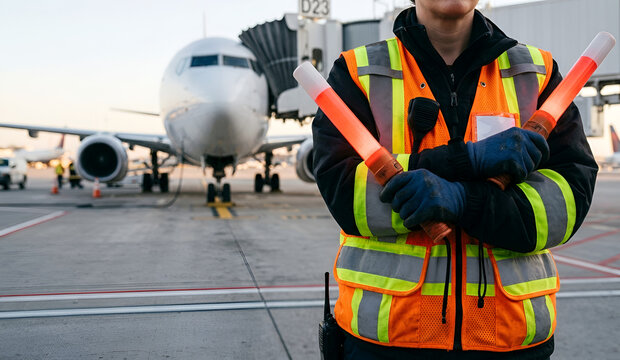 A marshaller signaling stop with crossed illuminated wands in a bright morning setting.