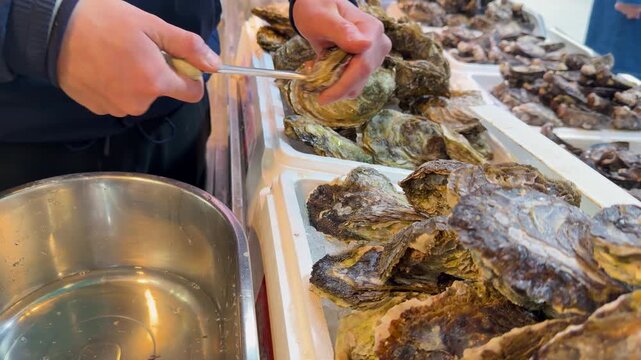 Person opening oysters with a knife at a market stall full of fresh seafood.