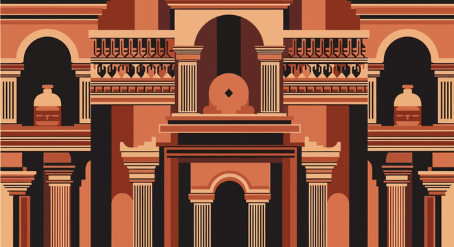 Stylized Vector Illustration of Ancient Architectural Columns and Arches in Earth Tones.
