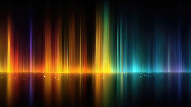 Abstract rainbow light waves radiating vertical beams over dark reflective surface creating vibrant digital background for modern tech and musical concepts