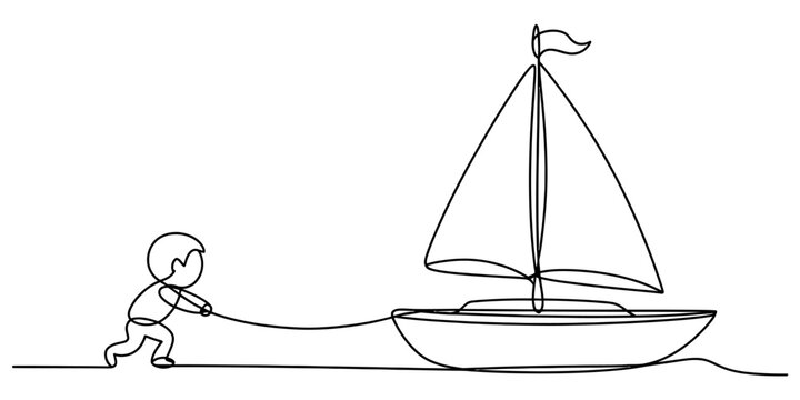 A continuous line drawing depicting a young boy pulling a sailboat along the ground with a rope isolated on white background, Vector, illustration
