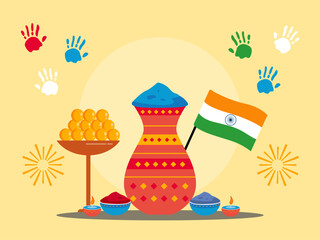 Holi celebrations, the Indian festival of colors, feature traditional elements. India illustrations. Flat vector concepts. © roundsquid