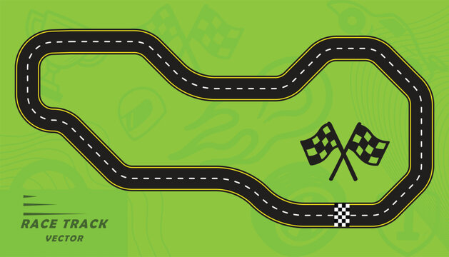 Creative vector illusion of race track or road symbol isolated on green background.