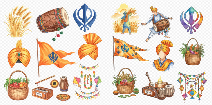 Vibrant watercolor set of Sikh culture and Baisakhi festival elements, including turbans, flags, drums, and traditional decorations.