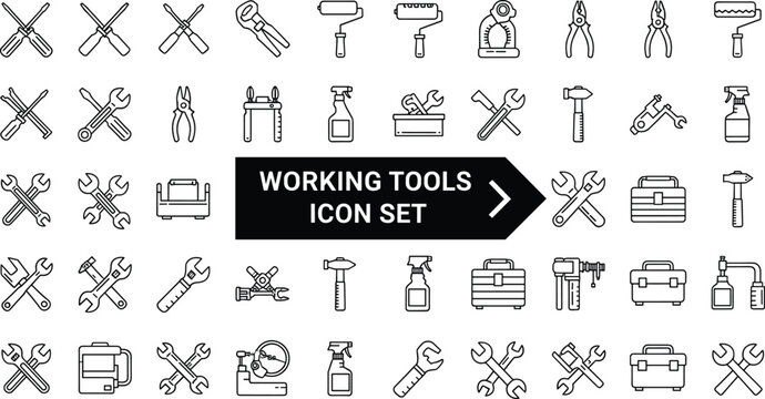 Working Tools Icon Set Featuring Line Art Vector Illustrations of Wrench Hammer Screwdriver Pliers Paint Roller and Toolbox for Hardware and Repair Services