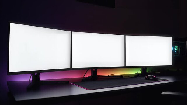 Modern triple monitor setup with glowing white screens and colorful ambient rgb backlight on desk