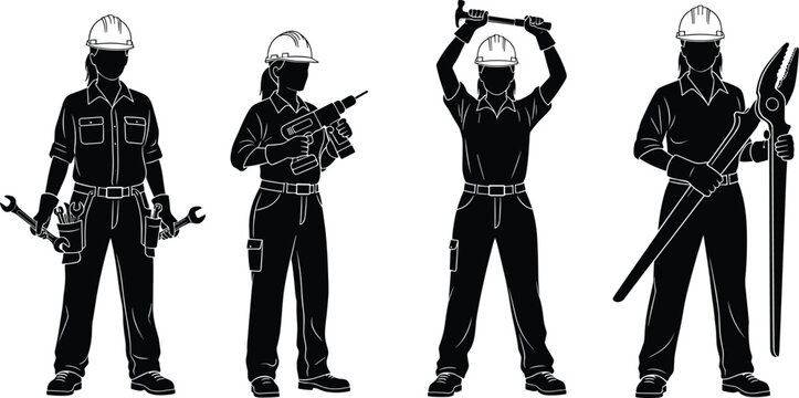 Vector silhouette of female construction workers, women engineers with tools, technicians holding drills and wrenches, and professional female builders working
