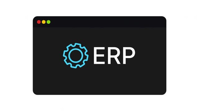 ERP Software Interface Graphic with Cog Icon on Dark Browser Window