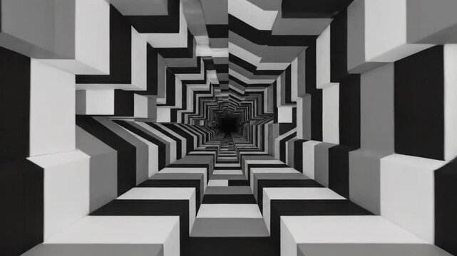Abstract monochrome optical illusion of interlocking geometric cubes forming a deep perspective tunnel with black and white rectangular blocks in a symmetrical pattern.
