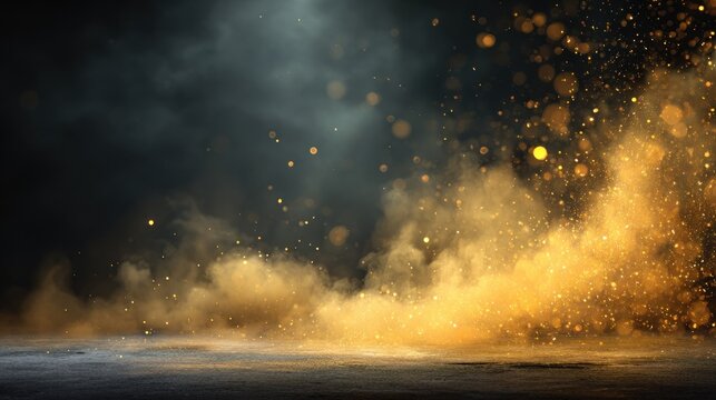 Abstract gold dust explosion on dark background for creative design