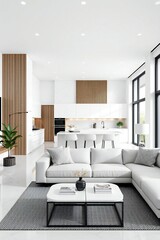Fototapeta premium Modern open concept living room with large sectional sofa and kitchen view