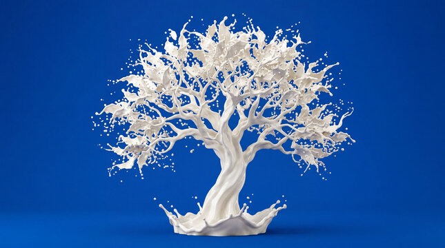 Majestic tree shaped milk splash on blue background representing healthy growth and dairy nutrition