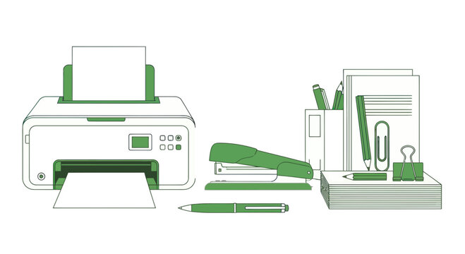 Office Supplies: Printer, Stapler, Pens, Paperwork and Stationery