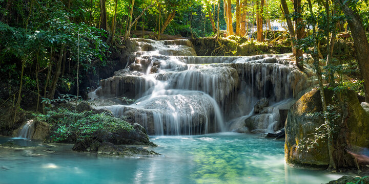 Erawan Falls waterfall flowing into turquoise pool