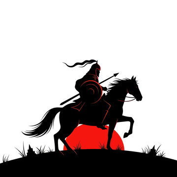 Silhouette of a warrior on horseback with spear and shield against a red sun