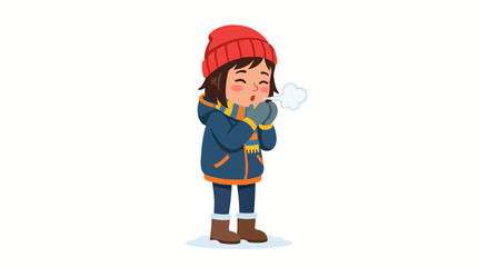 Naklejka premium Little girl in winter clothes blowing on her hands to keep warm