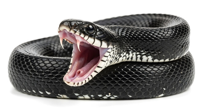 A black rat snake coiled on a white surface with its mouth wide open showing fangs