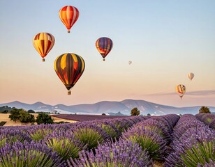 Fototapeta premium Colorful hot air balloons over a lavender field at sunset with mountains