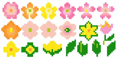 Naklejka premium A collection of brightly colored pixelated flower designs arranged in rows