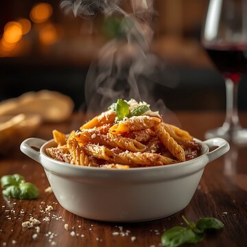 French Onion Pasta features plenty of caramelized sweet onions, fresh thyme, al dente penne and cheese closeup on the bowl on the wooden board. Horizontal