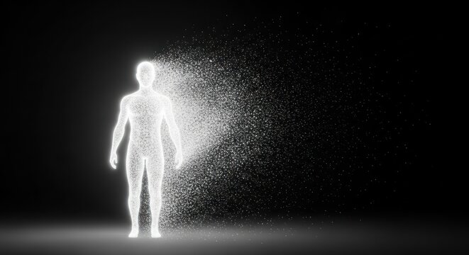 Glowing human figure dissolving into white particles on black background