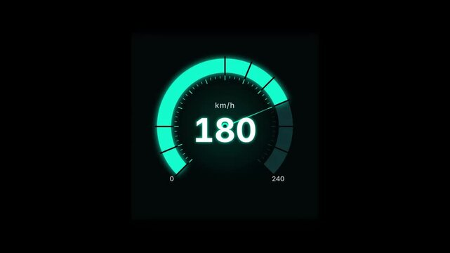 Speedometer display showing 180 km/h with a glowing neon rim and a dark background, perfect for automotive or technology themes