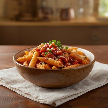 French Onion Pasta features plenty of caramelized sweet onions, fresh thyme, al dente penne and cheese closeup on the bowl on the wooden board. Horizontal