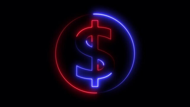 Abstract neon Dollar icon conceptual business animation background. Neon blue dollar sign animation on black surface. Neon dollar sign in circle motion background.