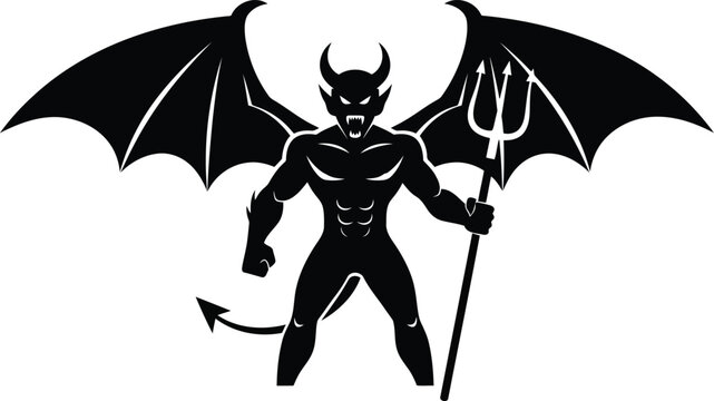 Black silhouette of a muscular devil with wings and a trident, evil creature concept